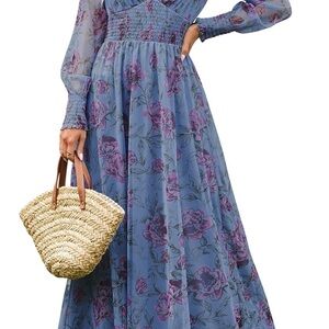 Women’s blue and purple floral v neck maxi dress size medium